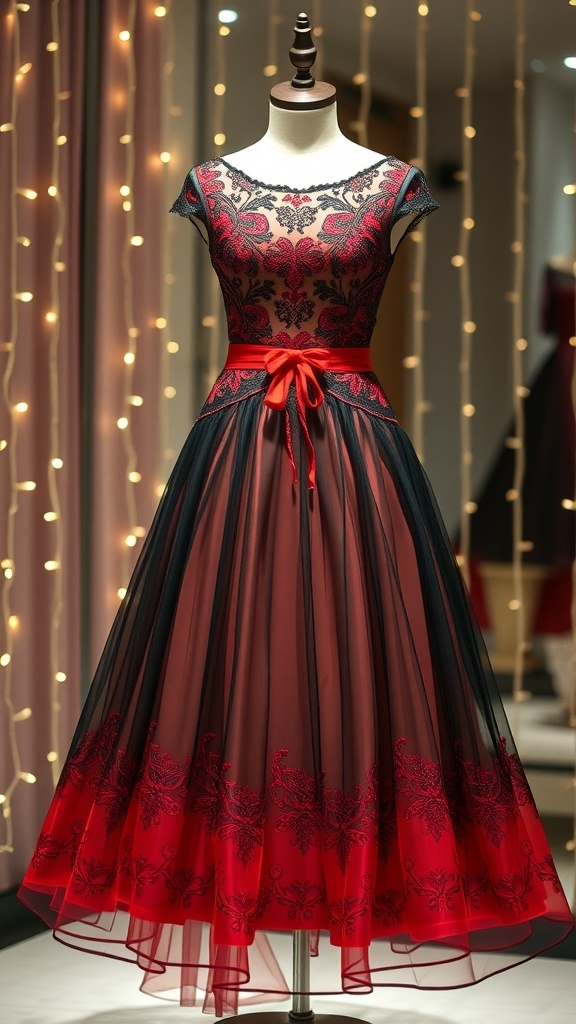 Elegant black and red Christmas dress on a mannequin with holiday lights in the background.